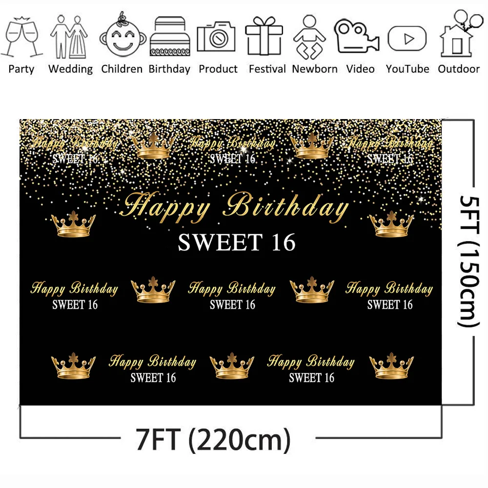 Crown Royal Sweet 16 Photo Background Happy Birthday Party Banner Black Gold Backdrops for Photography Party Decor Poster