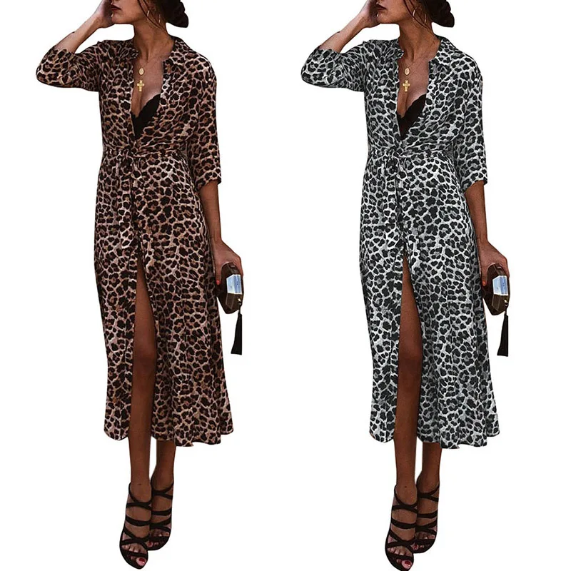 Женское платье с v-образным вырезом и леопардовым принтом длинными рукавами на
