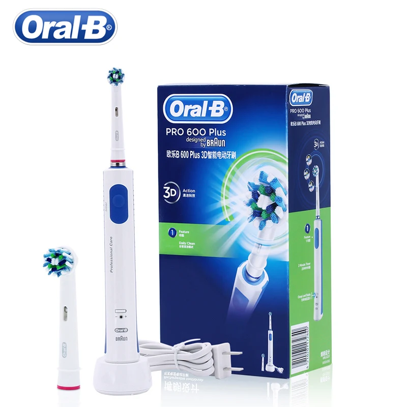 Оригинальная электрическая зубная щетка Oral B Pro600 Plus с 2 насадками для глубокого