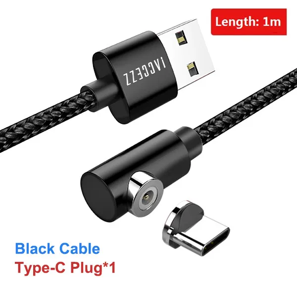 ACCEZZ 90 градусов быстрый Магнитный кабель Micro usb type C для iPhone 7 XS X 8 6 Plus samsung S7 S8 huawei магнитные кабели зарядного устройства 2 м - Цвет: For Type-c Black 1M