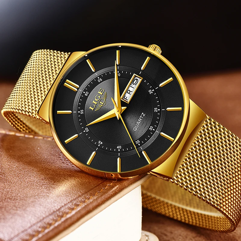 Relogio Masculino LIGE New Mens Watches Top Brand Luxury Ultra Thin Quartz Watch Men Steel Mesh Strap Waterproof Gold Watch