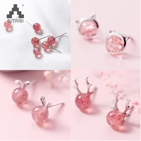 100 925 real sterling silver 2018 women fashion cute pink strawberry crystal cat elk rabbit stud earrings for women gifts