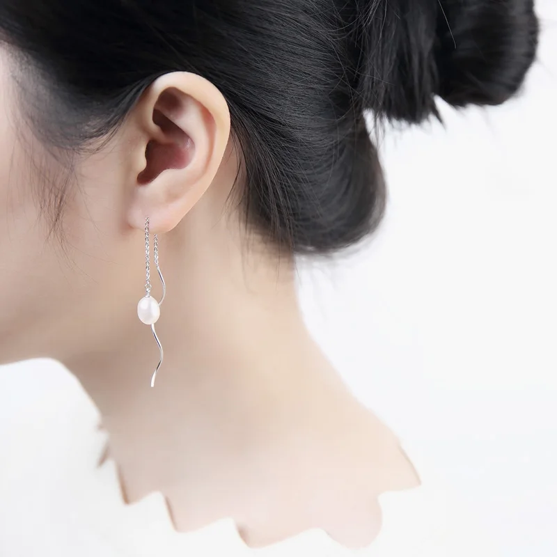 Fashion High quality Natural freshwater white Pearl Earring 925 sterling silver Long Ear line For women Girl party gift | Украшения и