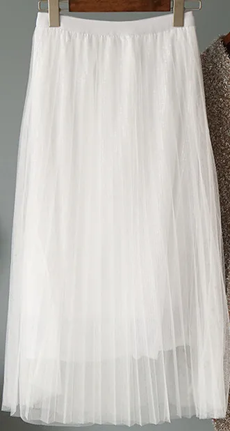 Белый ALPHALMODA, Весенняя юбка макси, модная, расшитая блестками, газовая юбка, одноцветная, высокая талия, блестящая, с блестками, стильная, трендовая юбка - Цвет: Белый