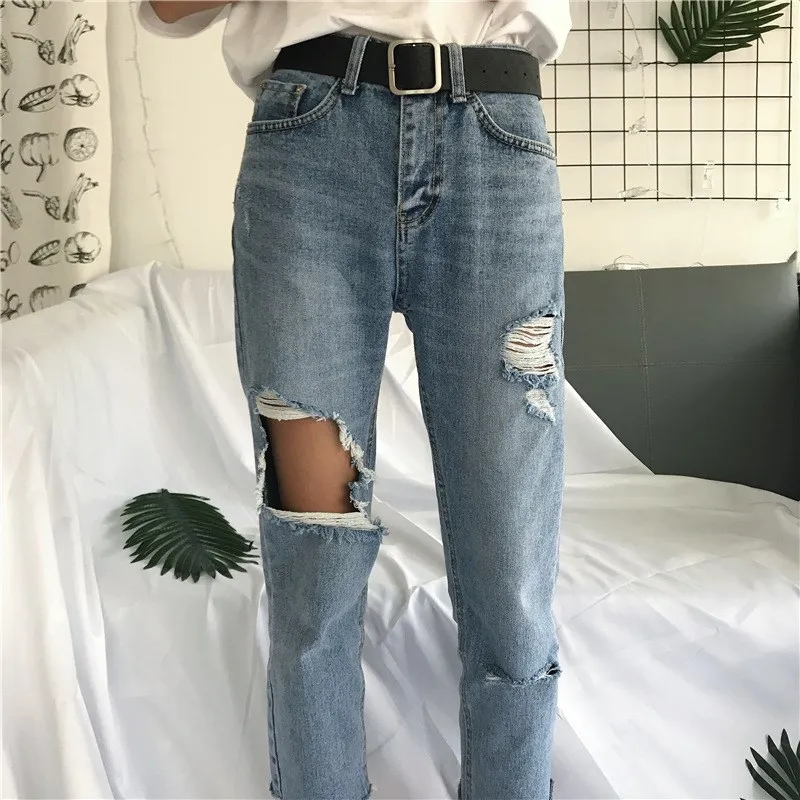 Женские рваные джинсы с высокой талией модные открытые прямые карманами на талии