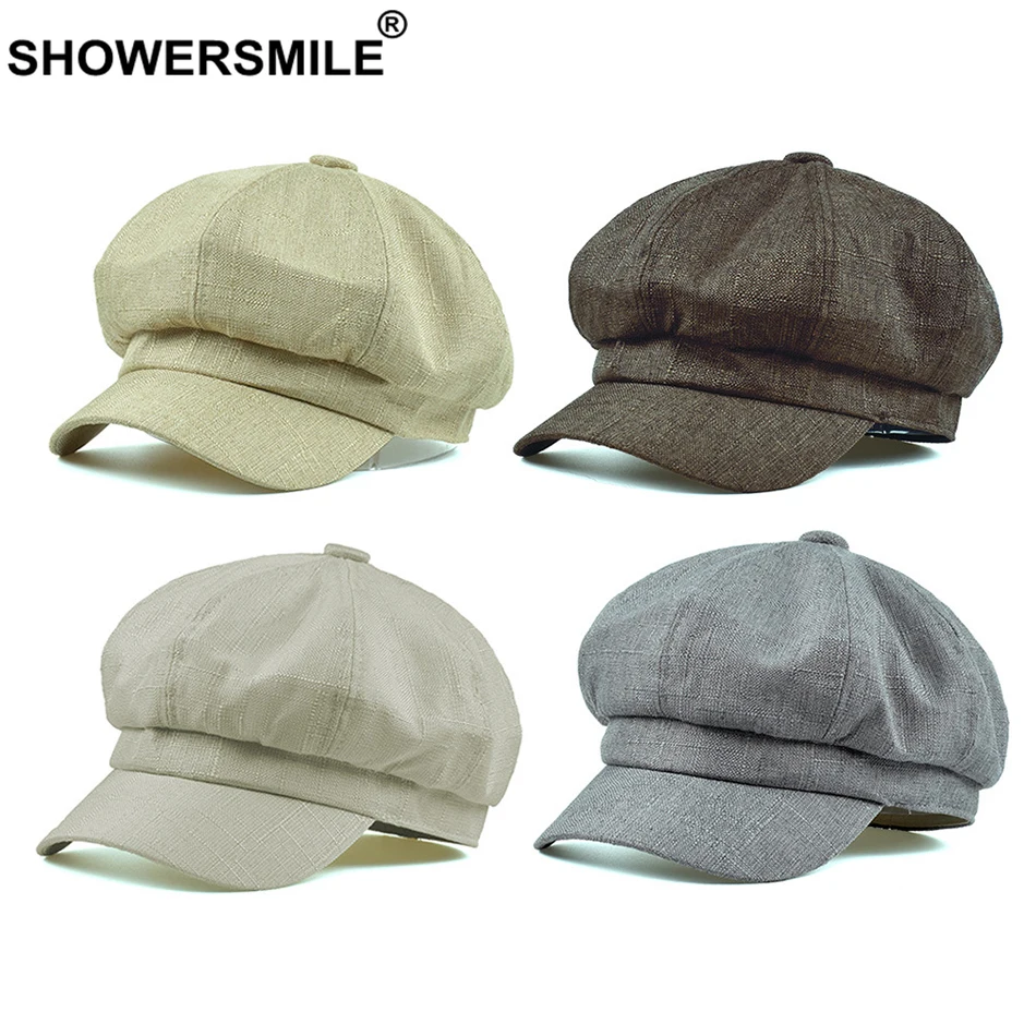 SHOWERSMILE, летняя кепка Newsboy, женская, хлопок, лен, кепка Newsboy, мужская, одноцветная, бежевая, регулируемая, дышащая, Гэтсби, восьмиугольная кепка, унисекс