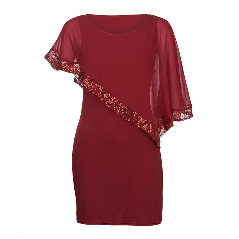 Красный Elegant Women Sequin Mini Dress Ladies Summer Evening Party Dresses Off Shoulder Chiffon Dress Fashion Femme Dress Streetwear - Цвет: Красный
