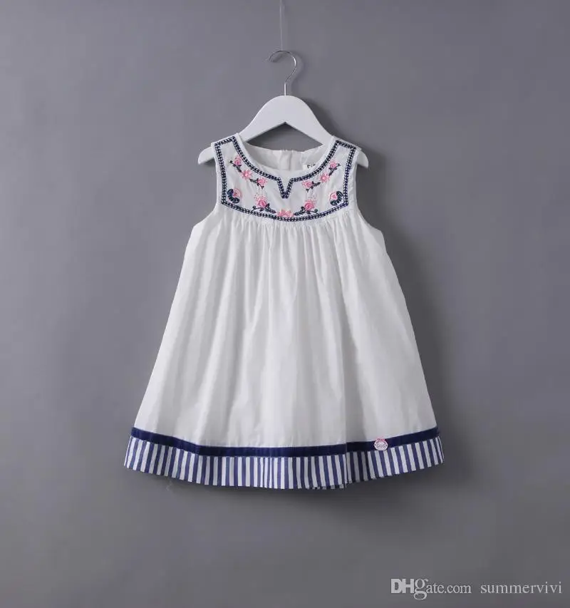 Grils жилет платья 2017 летний новый дети вышивка платье принцессы полосой grils цветы