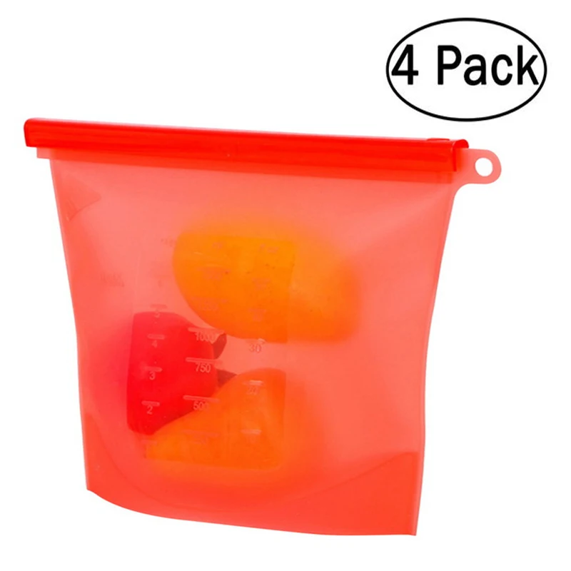 Красный 4pcs Reusable Silicone Vacuum Seal Food Fresh Bag Fruit Meat Milk Storage Containers Refrigerator Bag Ziplock Kitchen Organizer - Цвет: Красный