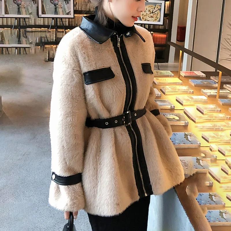 New Faux Mink Fur Parka 2019 Spring Women Office Coat Velvet Stitching Plush Pu Leather Jacket Slim Fit Belt Overcoat Best Pj347