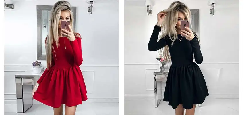 Осень-зима, женское платье, модное, однотонное, красное, черное, обычное, с круглым вырезом, сексуальное, Клубное, повседневное, милое, ТРАПЕЦИЕВИДНОЕ ПЛАТЬЕ, женские платья Vestidos