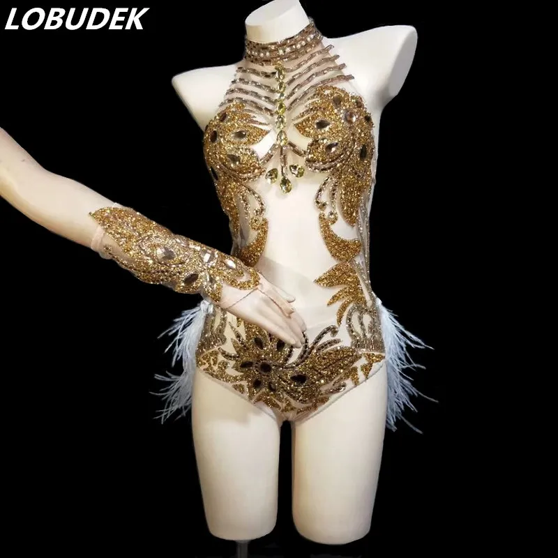 Bodysuit gloves Золотые стразы, перья, сетка, прозрачное боди с лямкой через шею, сексуальный сценический наряд с открытой спиной, для ночного клуба, для женщин, DJ, певец, танцевальные костюмы - Цвет: Bodysuit gloves
