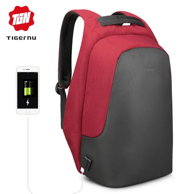 Tigernu, мужской повседневный рюкзак для ноутбука, Противоугонный рюкзак, женский, водонепроницаемый, USB зарядка, дорожная сумка для девочек, черный, Mochila - Цвет: Красный