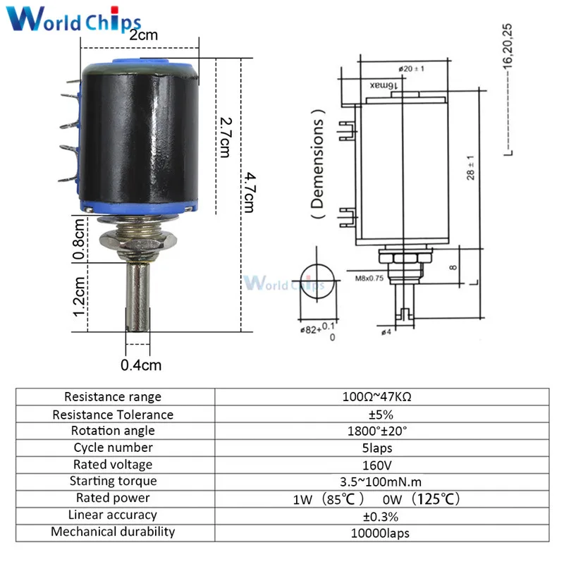 Φ 100R 200R 470R 1K 2 K 4 7 10K 22K 47KΩ Ohm 5 оборотов 1W сопротивление проволочного потенциометра |