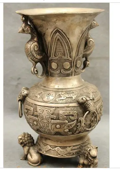 

decoration copper silver factory outlets 11" Chinese Palace Silver Phoenix Lion Sheep Head Statue Zun Bottle Pot Vase