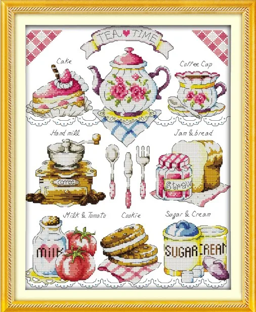 Tea time Набор для вышивания крестиком "время печенья и чай", Набор для вышивания крестиком из мультфильма "еда", 18 карат, 14 карат, вышивка на холсте, ручная работа, рукоделие плюс - Цвет: Tea time