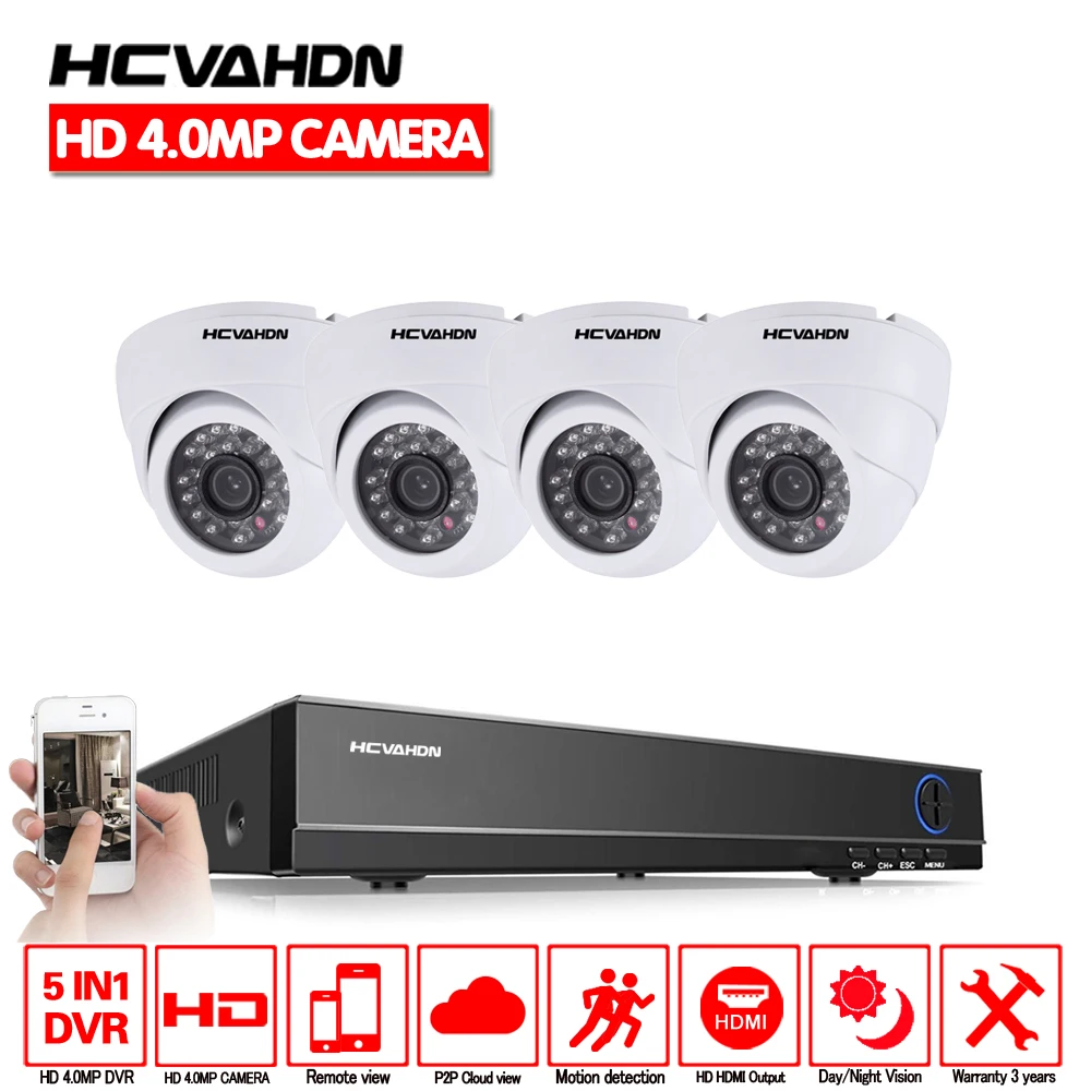 HCVAHDN CCTV Surveillance Kit Security Camera System 4ch 4.0MP AHD DVR NVR Black Dome indoor night vision camera P2P VIEW | Безопасность