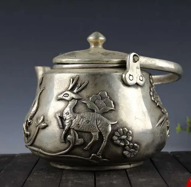 

China collection archaize white copper deer crane peony teapot craft statue