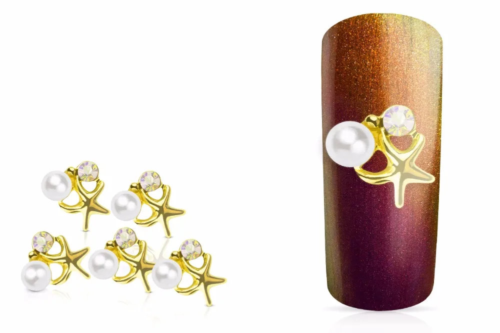 

100pcs/lot Sea 8.5*6.5MM Rhinestones Nails Supplies Gold Starfish Pattern And Beauty Pearl Design 3D Nail Art Decoration 3479