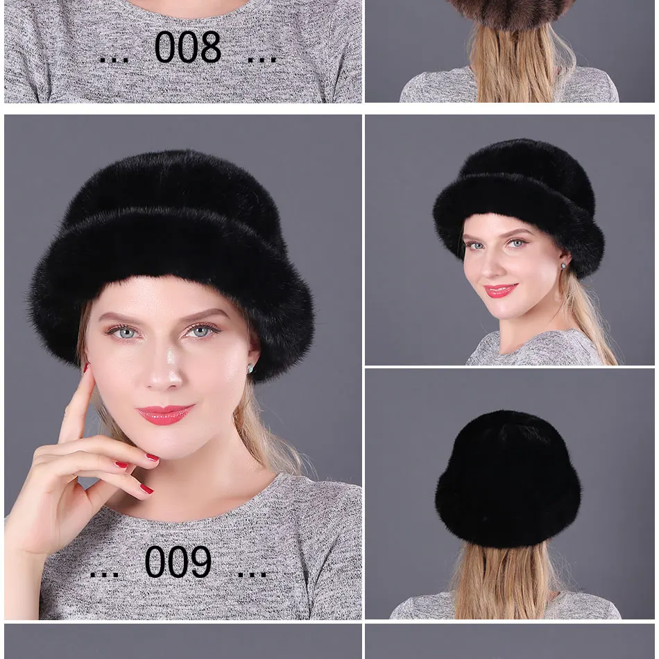Mink Fur Bucket Hat Fashion Winter Solid Color Real Animals Fur Thicken Protective Headwear Female Natural Mink Fur Buckets Cap