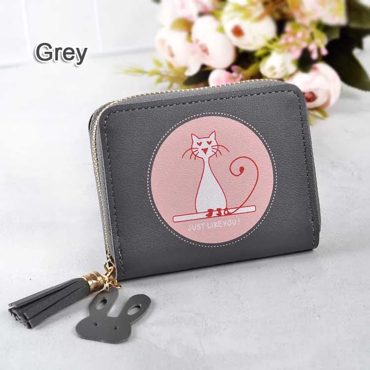 Grey Кот короткие Ленточки женские бумажники с застежкой-молнией держатель для карт для девочек кошельки бумажник леди толстосумы цвет конфеты мини сумки карман - Цвет: Grey
