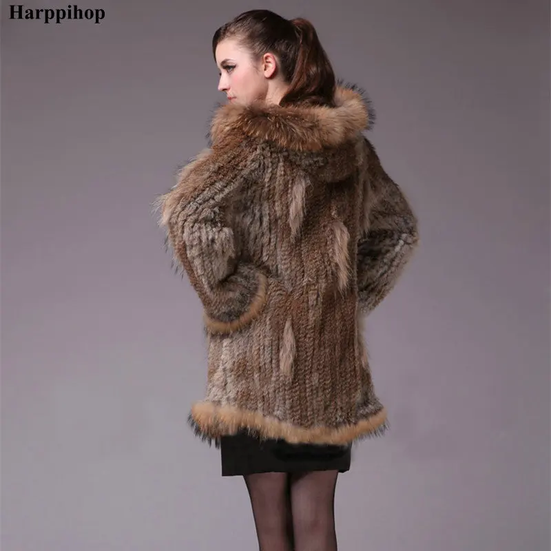 Женская вязаная шуба из натурального кроличьего меха/куртка/верхняя одежда/одежда с воротником из енота капюшон женский длинный пояс с кисточками