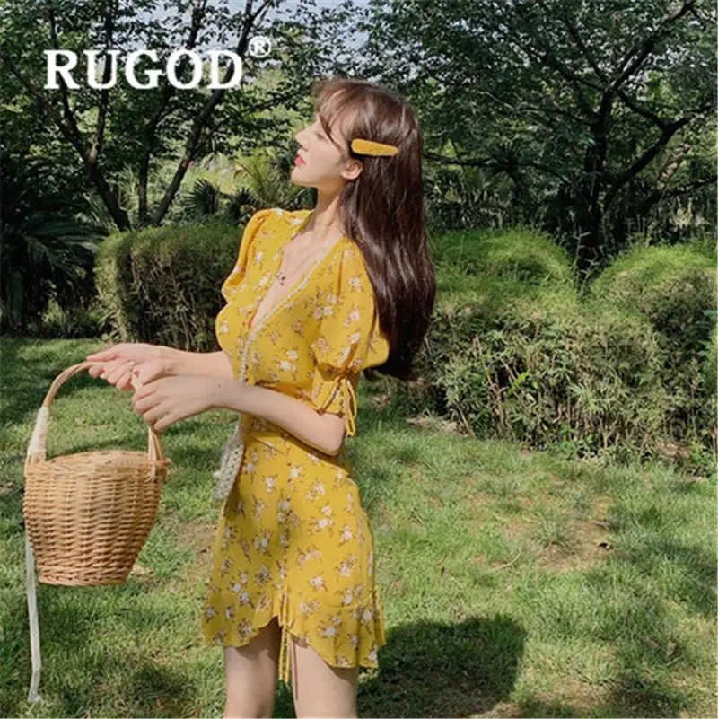 Женское платье с оборками RUGOD Повседневное цветочным принтом и v образным вырезом