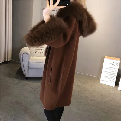 Высокое качество женский кардиган с капюшоном из натурального Лисьего меха