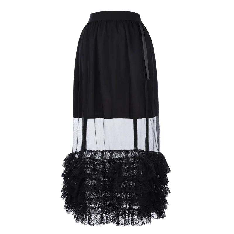 Black Belle Poque, винтажные юбки, летние, сетка, тюль, Женская юбка, высокая талия, плиссированные, с оборками, кружевные, сексуальные, длинные юбки, пэчворк - Цвет: Black
