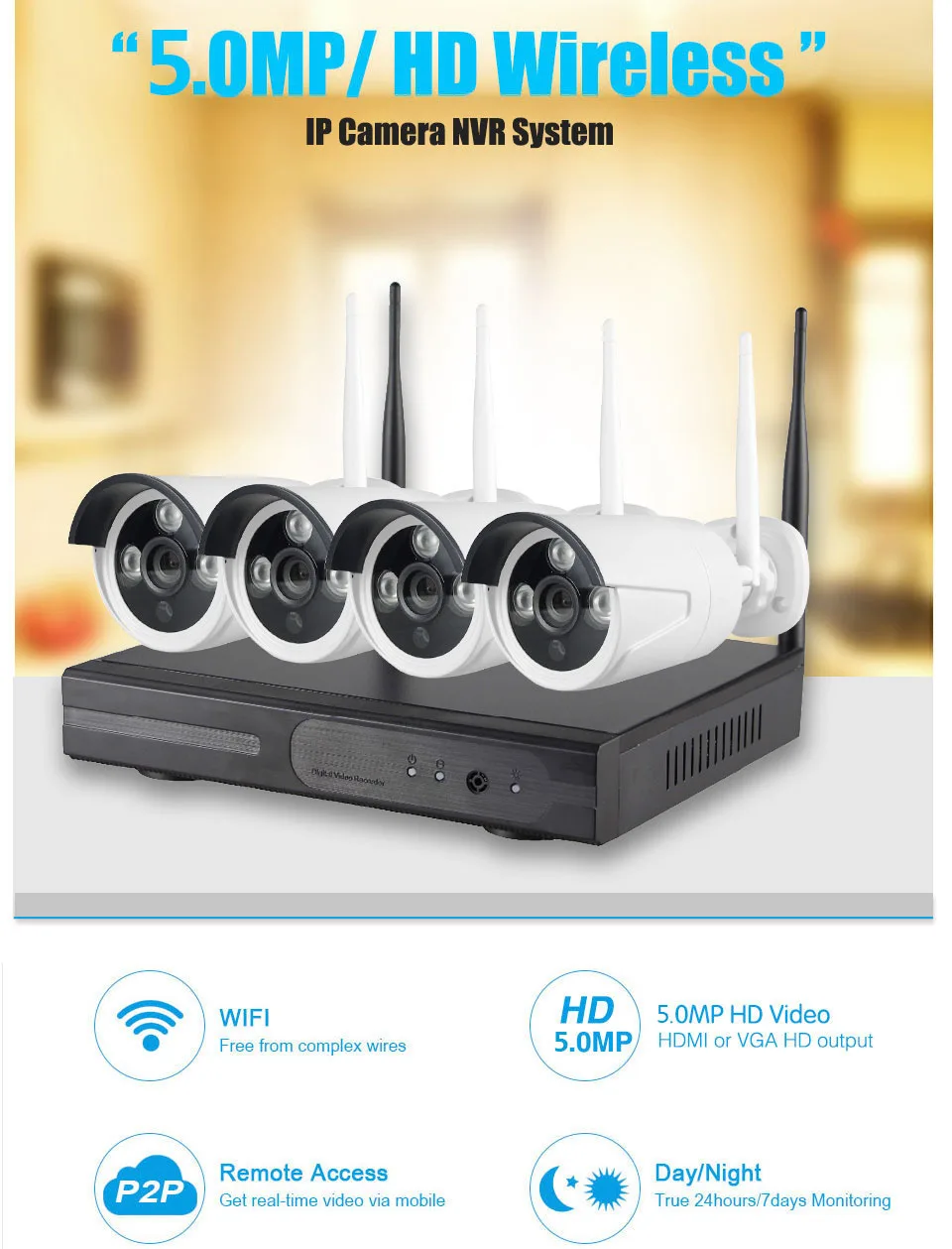 Система видеонаблюдения 4CH 5MP Wi-Fi камера видеонаблюдения комплект видеонаблюдения H.265 домашняя беспроводная камера безопасности Plug and Play