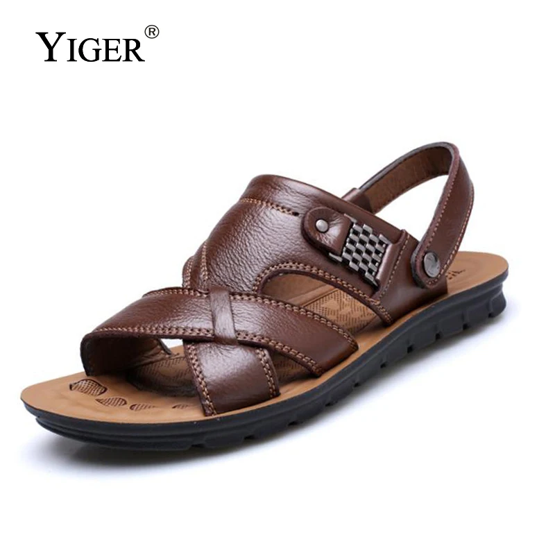 YIGER/Новые мужские сандалии летние пляжные из натуральной кожи мужская