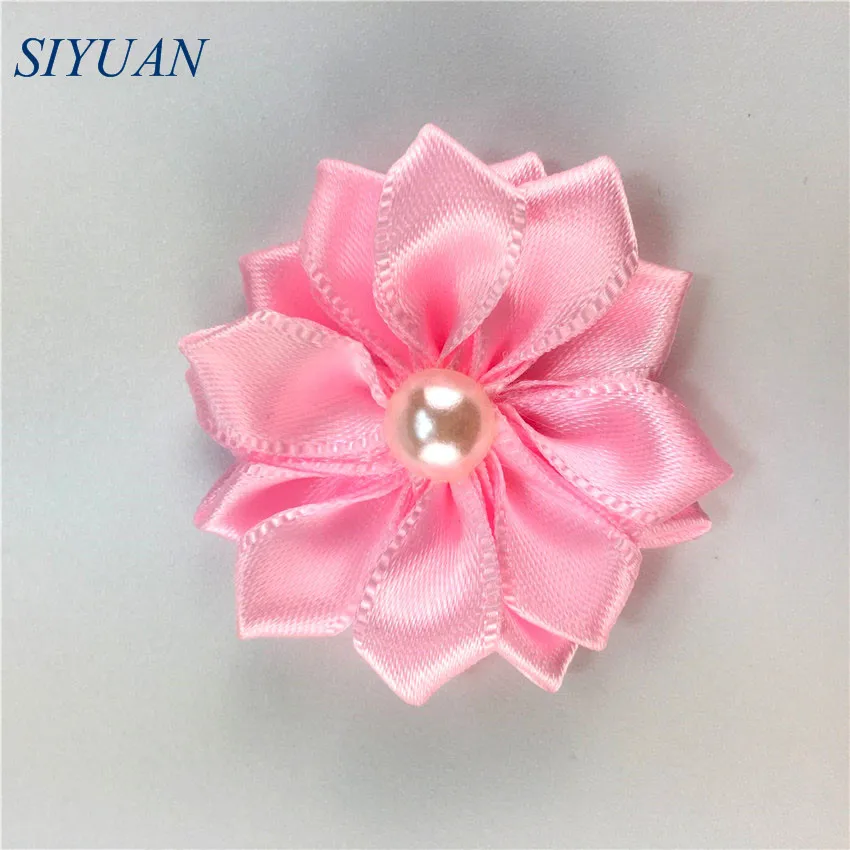 3-light pink 10 шт./лот, ручная работа, 1,6 дюймов, ткань, атлас, цветок с жемчугом, 16 лепестков, головные уборы для девочек, аксессуары, декор для одежды TH281 - Цвет: 3-light pink