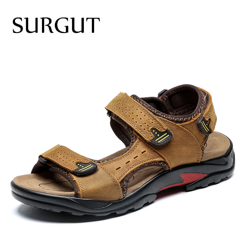 02 Light Brown Мужские классические мягкие сандалии SURGUT, кожаные босоножки цвета хаки в римском стиле, дышащая обувь большого размера на плоской подошве для лета - Цвет: 02 Light Brown