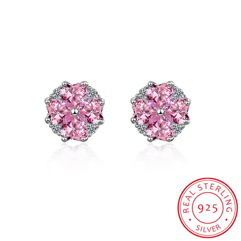 

925 silver needle Luxury Pink Crystal Zirconia Cherry Blossom Flower Stud Earrings For Women Girl Brincos De Prata