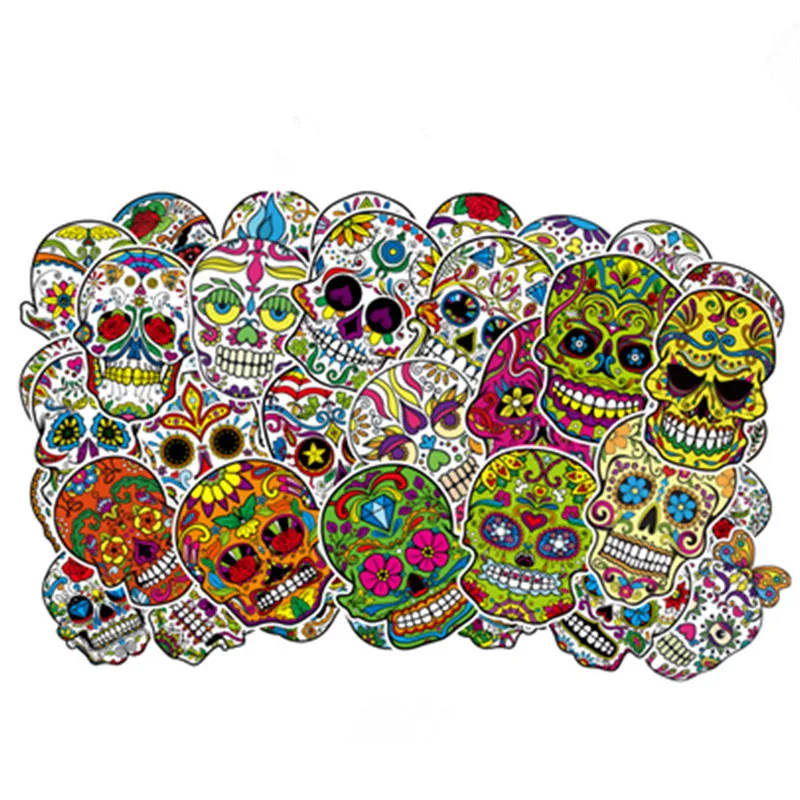 50pcs/lot Pattern Skull Head Sticker Fancy Skeleton Stickers with Cool Flower to DIY Laptop Skateboard Luggage Guitar | Игрушки и хобби