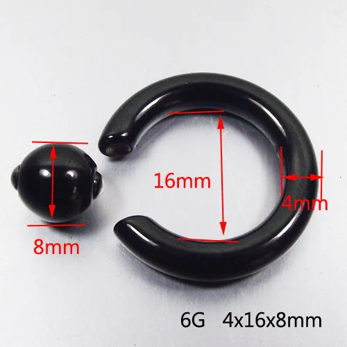 6G 4mmx16x8mm Большие размеры, черные круглые штанги из нержавеющей стали, кольцо для носа, губ, бровей, пирсинга, ювелирные изделия CBR Tragus Helix, серьги - Окраска металла: 6G 4mmx16x8mm