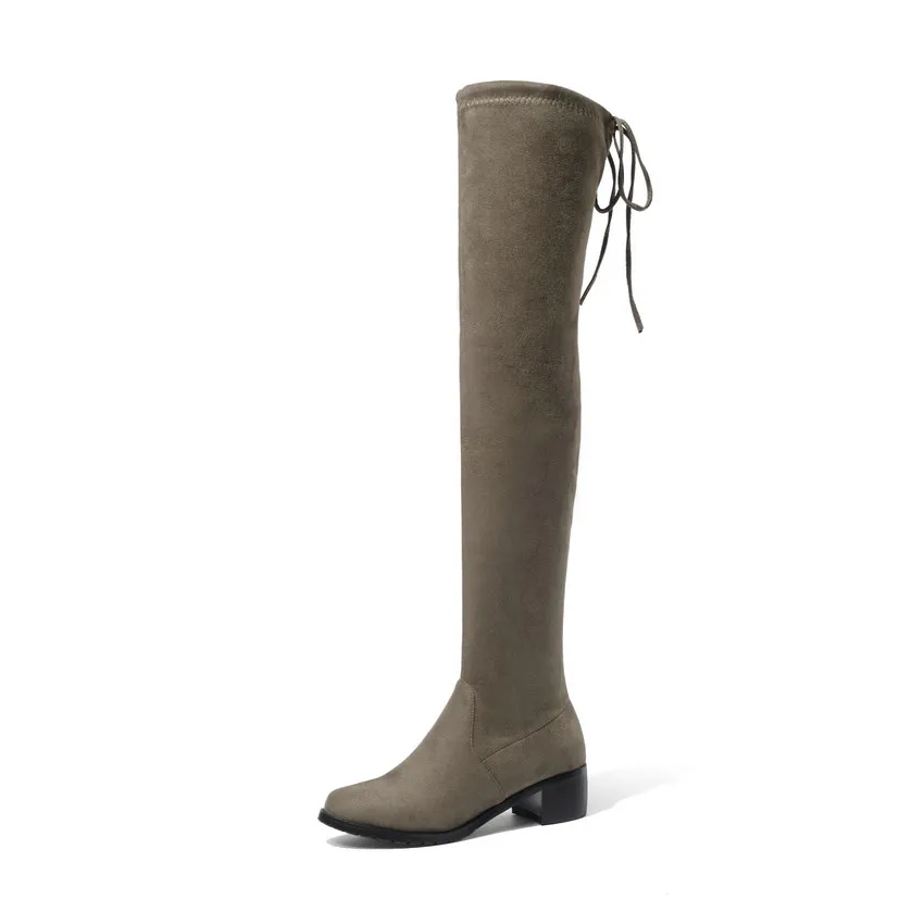Khaki QUTAA г. Женские зимние сапоги модные Универсальные Сапоги выше колена из эластичной ткани женские сапоги на среднем квадратном каблуке размеры 34-43 - Цвет: Khaki