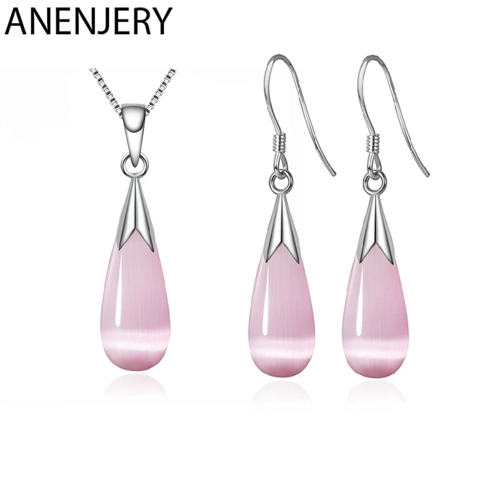 ANENJERY, 925 пробы, серебряные ювелирные наборы, лунный камень, опал, капля воды, ожерелье+ серьги для женщин, подарок для девочки