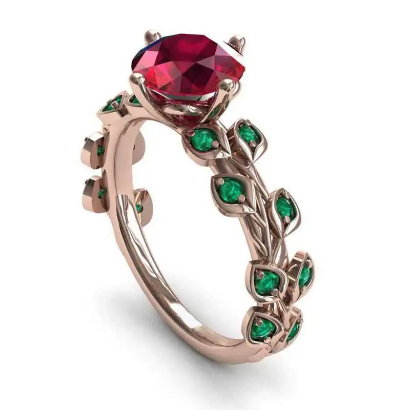 

Huitan New Come Plant Women Ring Rose Green Leaves With Red Cubic Zircon Ethnic Romantic Proposal Ring For Girlfriends Wholesale