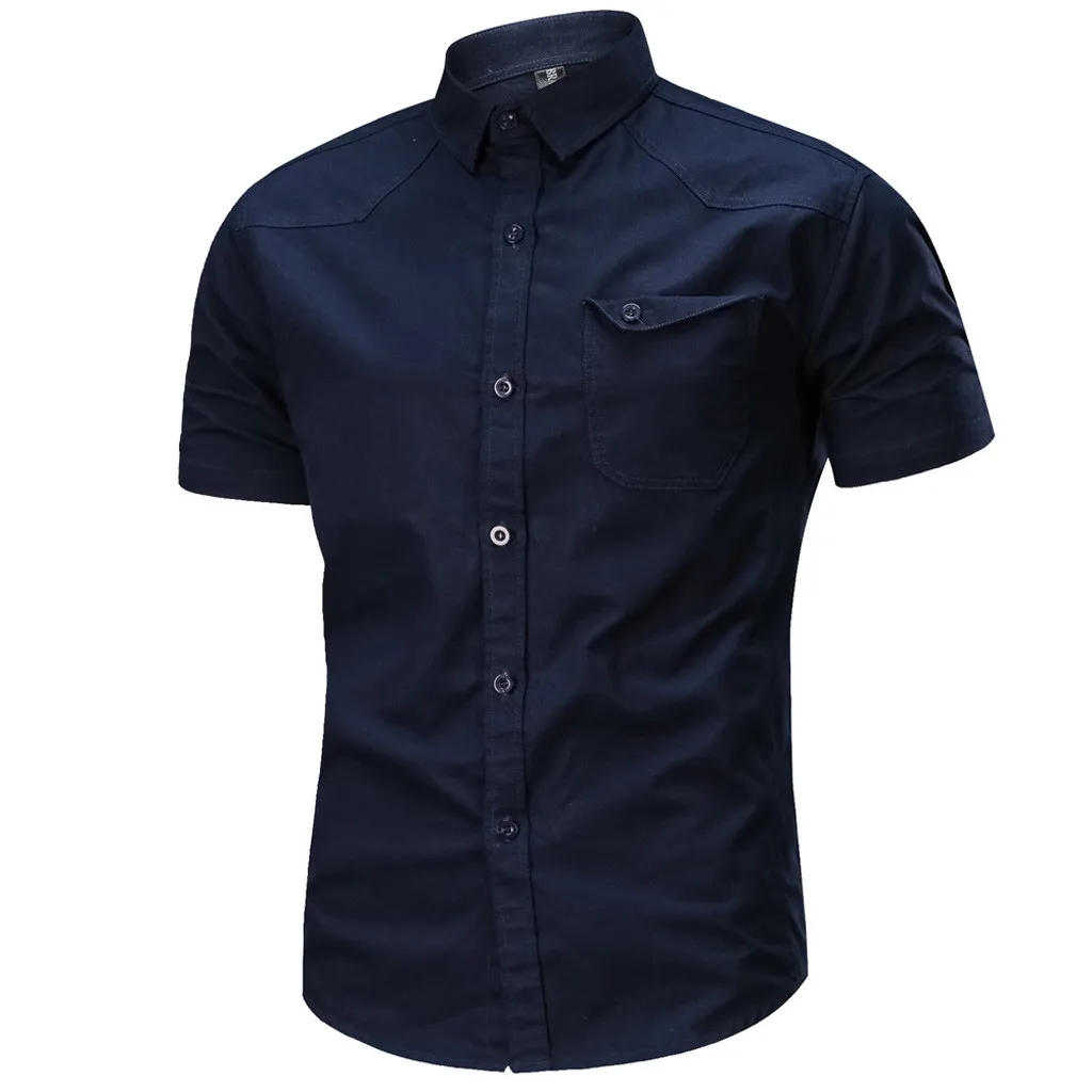 Dark Blue Деловые рубашки мужские повседневные Модные Военные однотонные хлопковые свободные блузки с коротким рукавом мужские топы camisas de hombre мужские рубашки - Цвет: Dark Blue