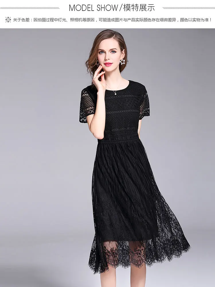 Женское летнее черное кружевное платье размера плюс, женская одежда, Vestido Mujer Verano, короткие рукава, круглый вырез, миди, вечерние платья K8801