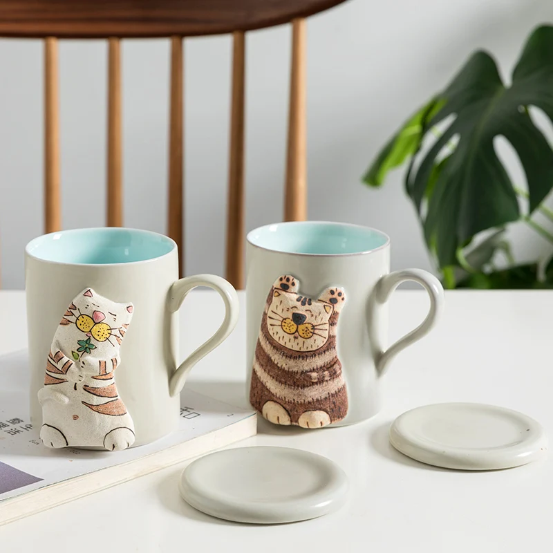 Fun cute cartoon animal ceramic mug Handmade-relief coffee cup | Дом и сад