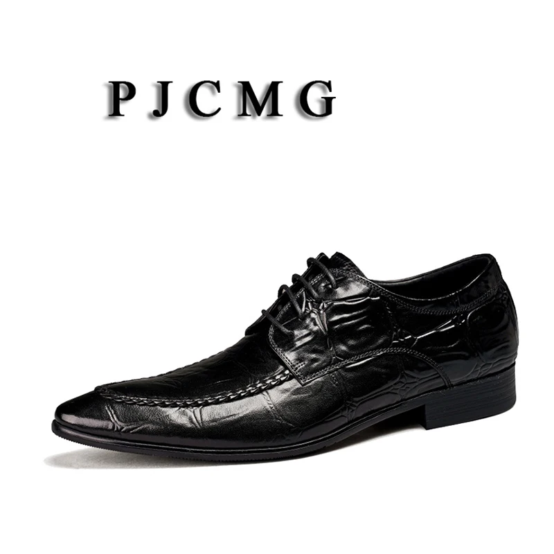 

PJCMG New Fashion Crocodile Design Handmade Genuine Leather Lace-Up Pointed Toe Black/Brown Business Dress Men Oxford Shoes