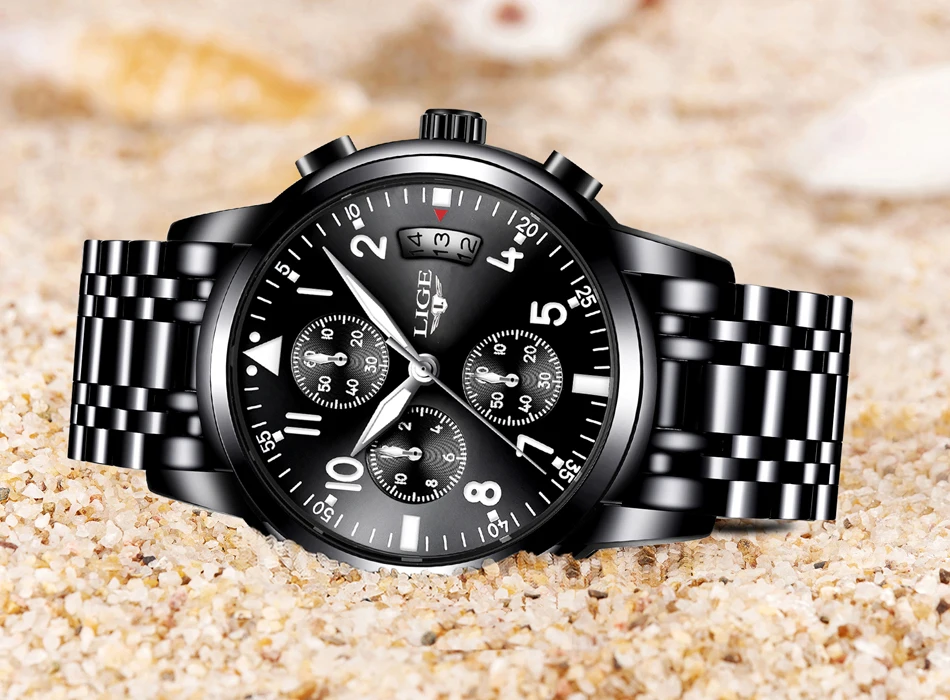 LIGE мужские часы Reloj Hombre Топ бренд класса люкс Модные Бизнес Кварцевые Спортивные полностью стальные водонепроницаемые черные часы Relogio Masculino