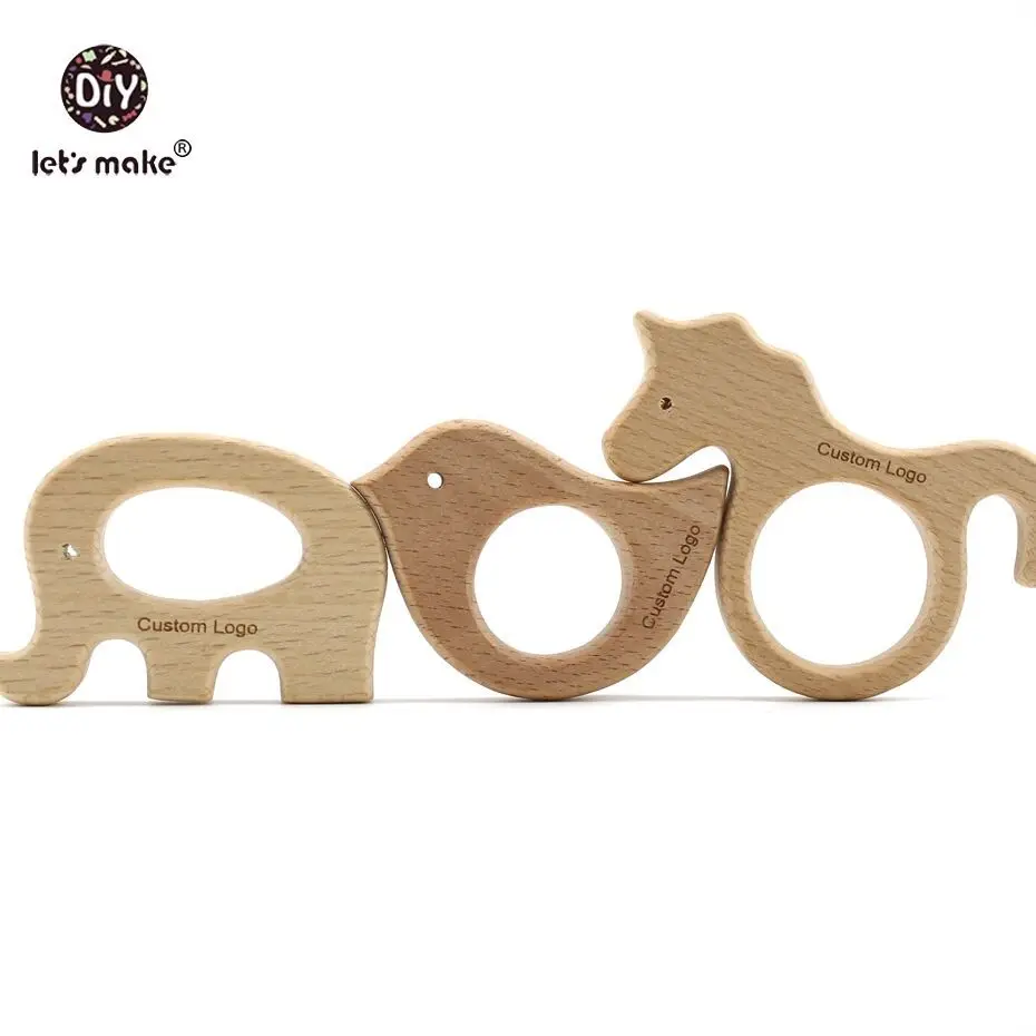 Let's make Beech Wooden Animals 50pcs Customizable Food Grade Baby Teether Engraving Logo DIY Nursing Necklace Pendant Teether