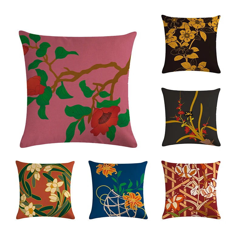 

Чехол для подушки из хлопка и льна с изображением дерева и цветов