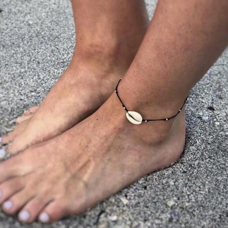 Summer Sliver Beach Shell Bead Woven Anklet Foot Jewelry Simple Black Rope Draw HandMade Charm Shells Ankle Bracelets | Украшения и