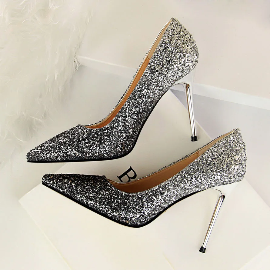 Heel Height 9cm Женские пикантные блестящие туфли-лодочки на высоком тонком каблуке 9 см; женские свадебные туфли на шпильках; цвет золотой, серебряный, красный; обувь на День святого Валентина - Цвет: Heel Height 9cm