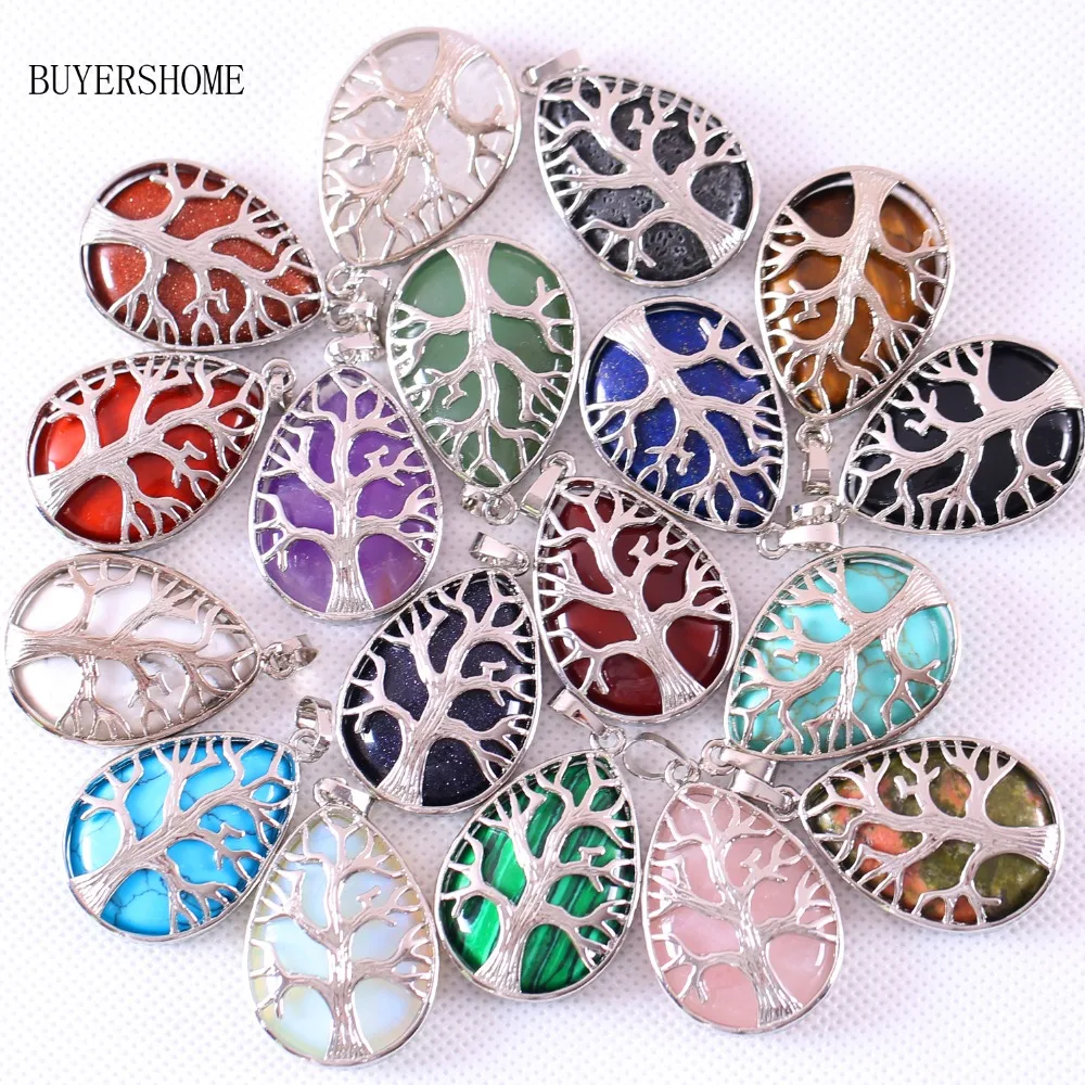 

Silver Color Tree of life Water Drop Necklace Pendant Natural Stone Onyx Howlite Crystal Unakite Epidote Opal Lapis 10Pcs