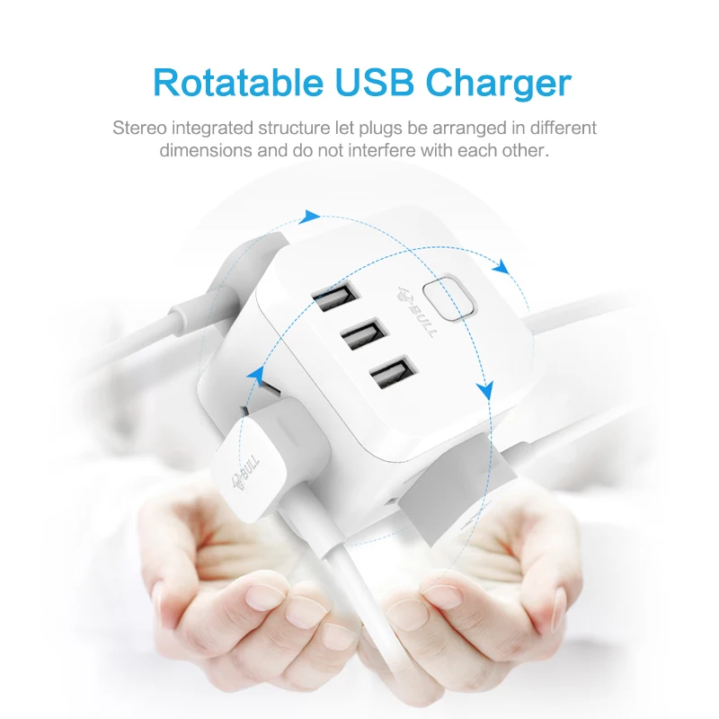Бык USB Зарядное устройство Мощность полосы Стабилизатор напряжения стены Зарядное устройство с 14AWG 5ft шнур, 3-Порты USB зарядная станция для рабочего стола 1,5 м
